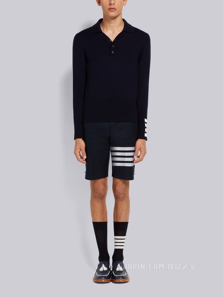 四条纹羊毛长袖 POLO 衫