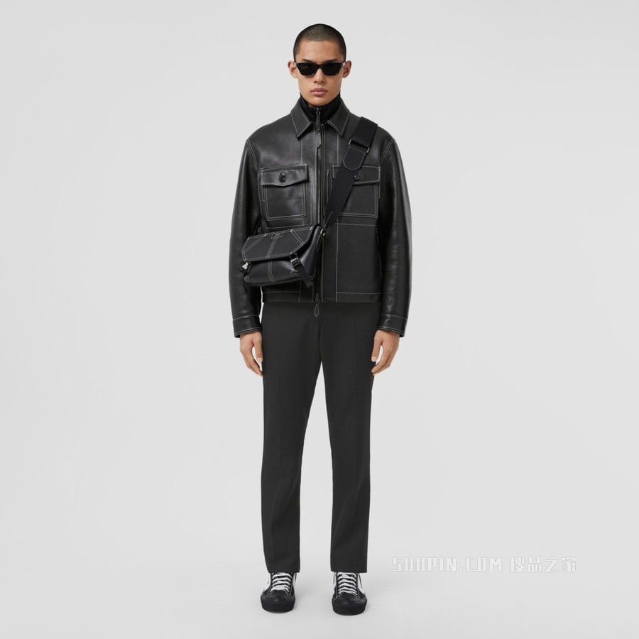 缉明线皮革夹克 (黑色) - 男士