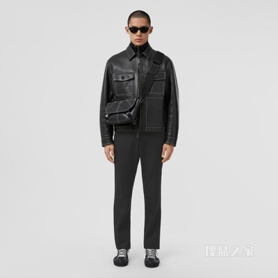 缉明线皮革夹克 (黑色) - 男士
