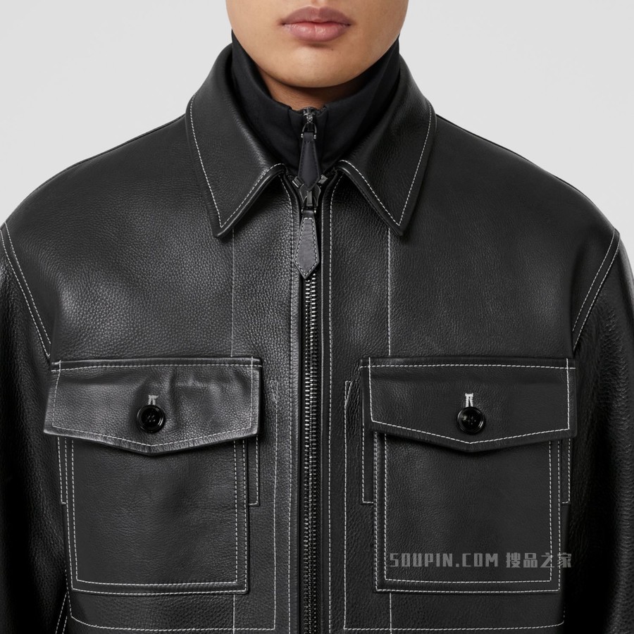 缉明线皮革夹克 (黑色) - 男士