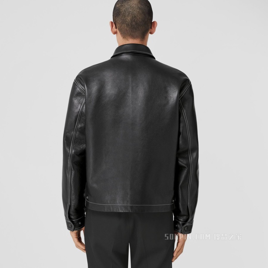 缉明线皮革夹克 (黑色) - 男士