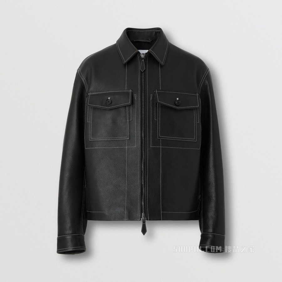 缉明线皮革夹克 (黑色) - 男士