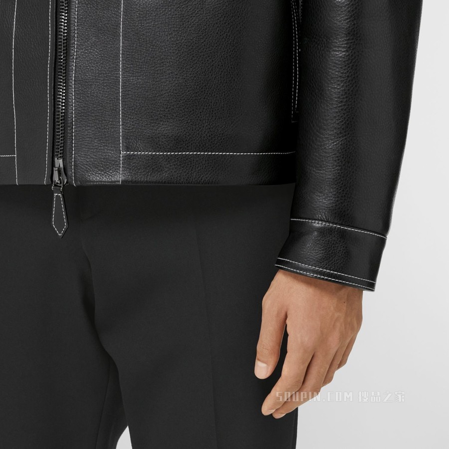 缉明线皮革夹克 (黑色) - 男士
