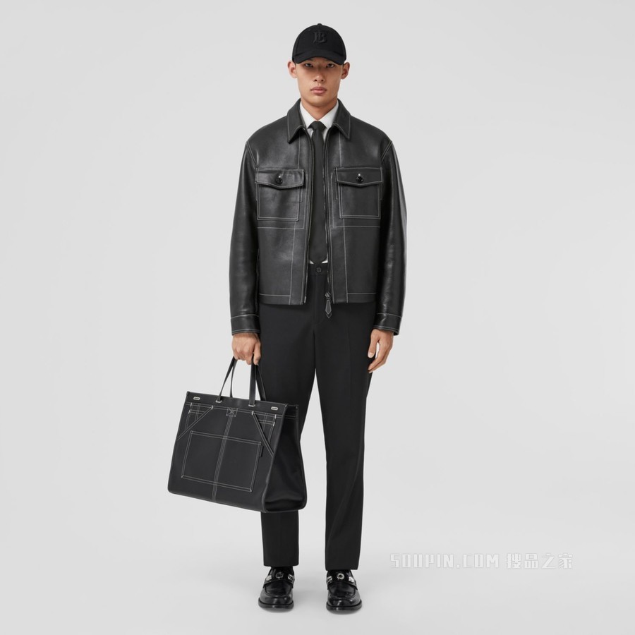 缉明线皮革夹克 (黑色) - 男士