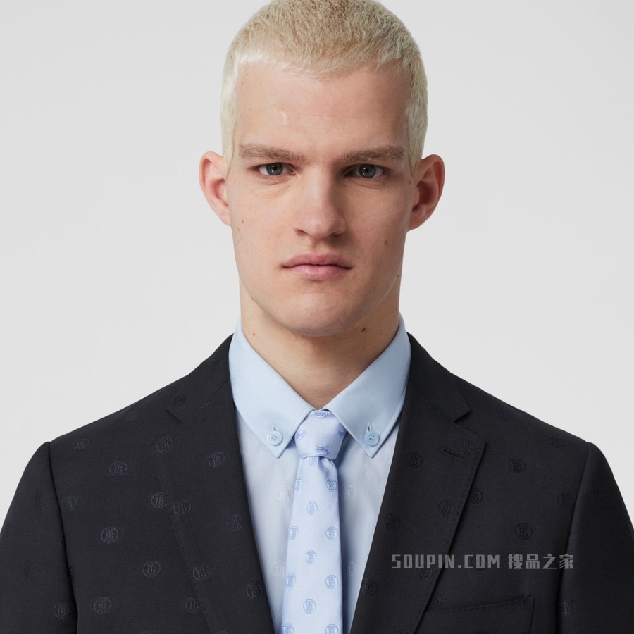 修身剪裁专属标识图案羊毛崁纱量裁外套 (煤蓝色) - 男士