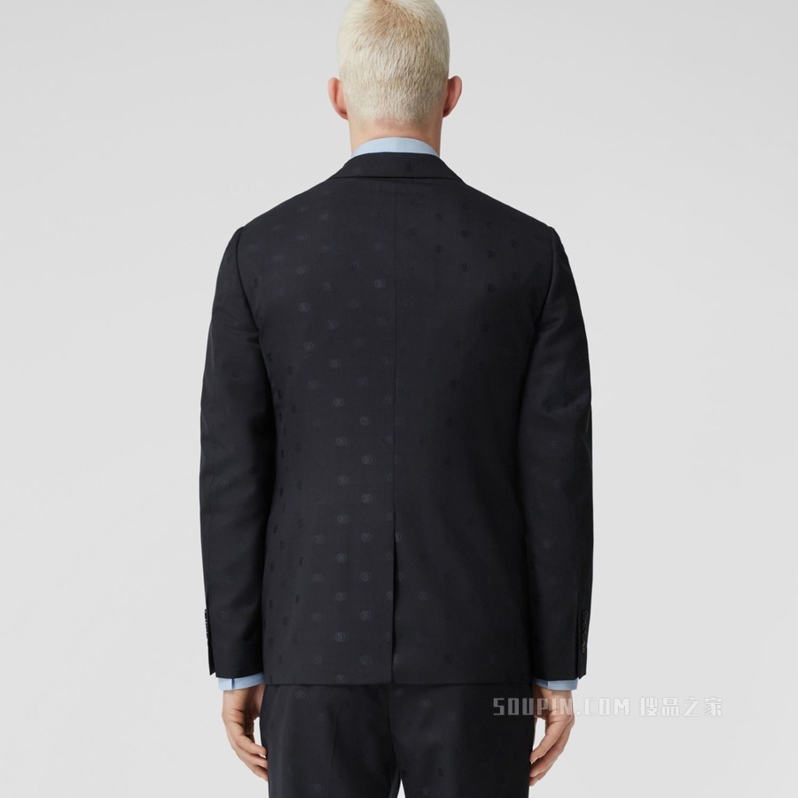 修身剪裁专属标识图案羊毛崁纱量裁外套 (煤蓝色) - 男士