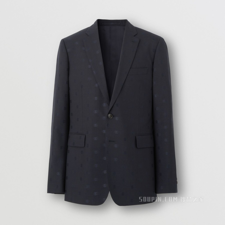 修身剪裁专属标识图案羊毛崁纱量裁外套 (煤蓝色) - 男士