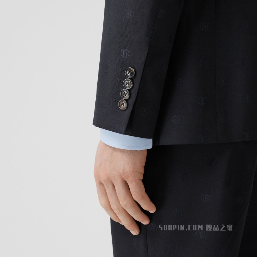 修身剪裁专属标识图案羊毛崁纱量裁外套 (煤蓝色) - 男士