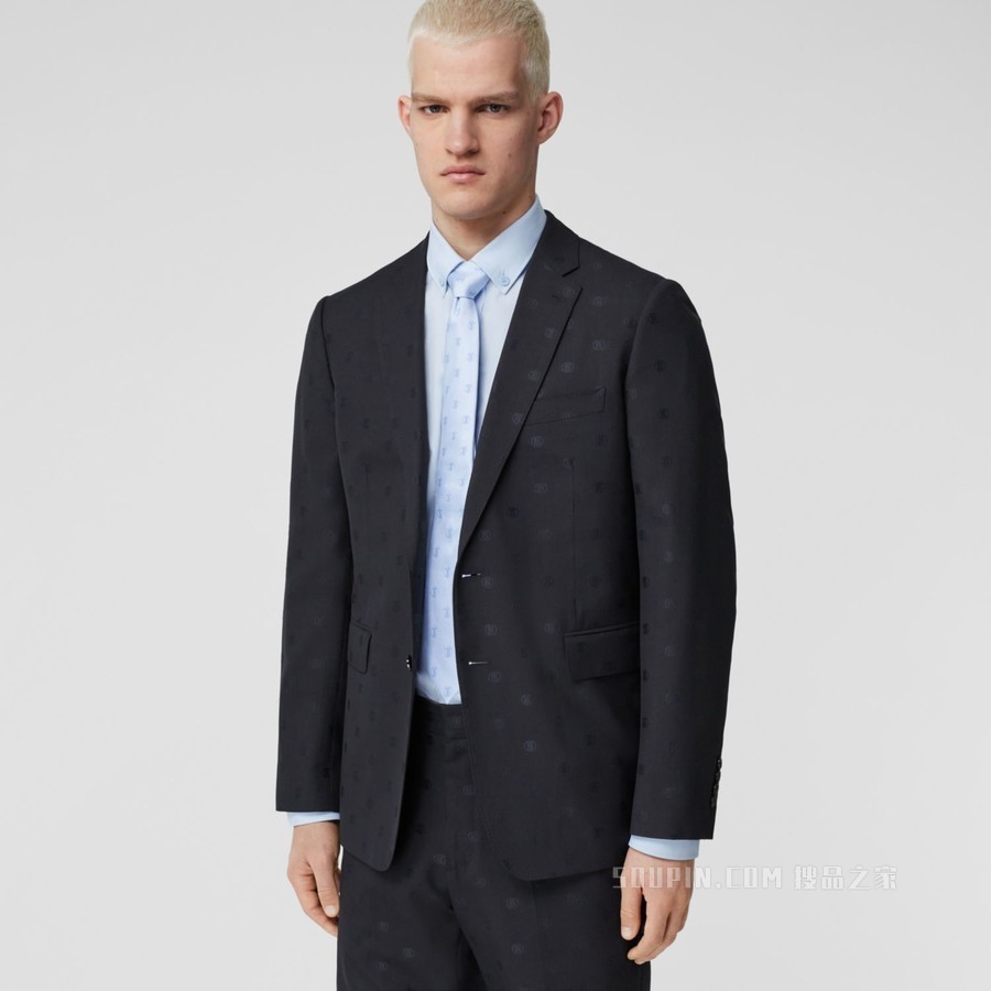 修身剪裁专属标识图案羊毛崁纱量裁外套 (煤蓝色) - 男士