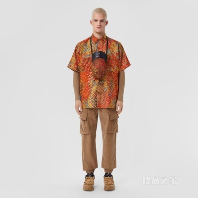 专属标识地图印花丝质宽松衬衫 (亮橘色) - 男士