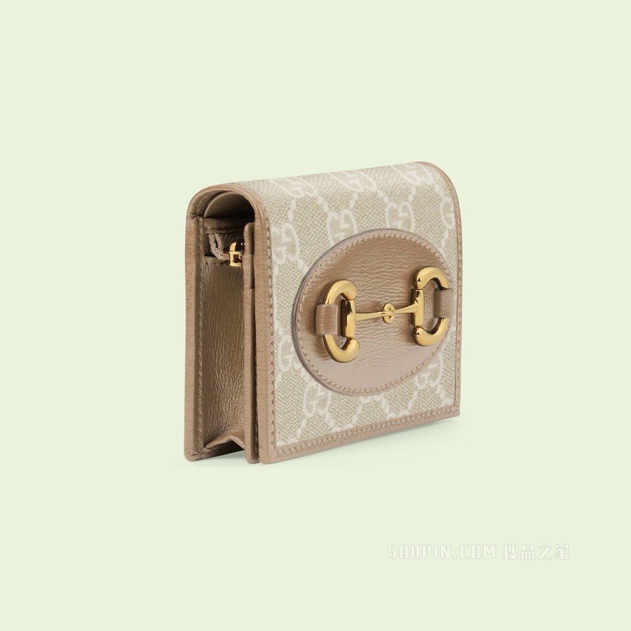 Gucci 马衔扣1955系列卡包 米色和白色GG Supreme帆布
