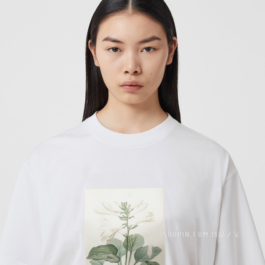 植物素描印花棉质宽松 T 恤衫 (白色) - 女士
