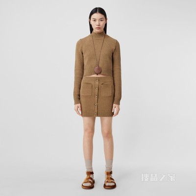 专属标识装饰棉质混纺迷你半裙 (驼麻灰色) - 女士