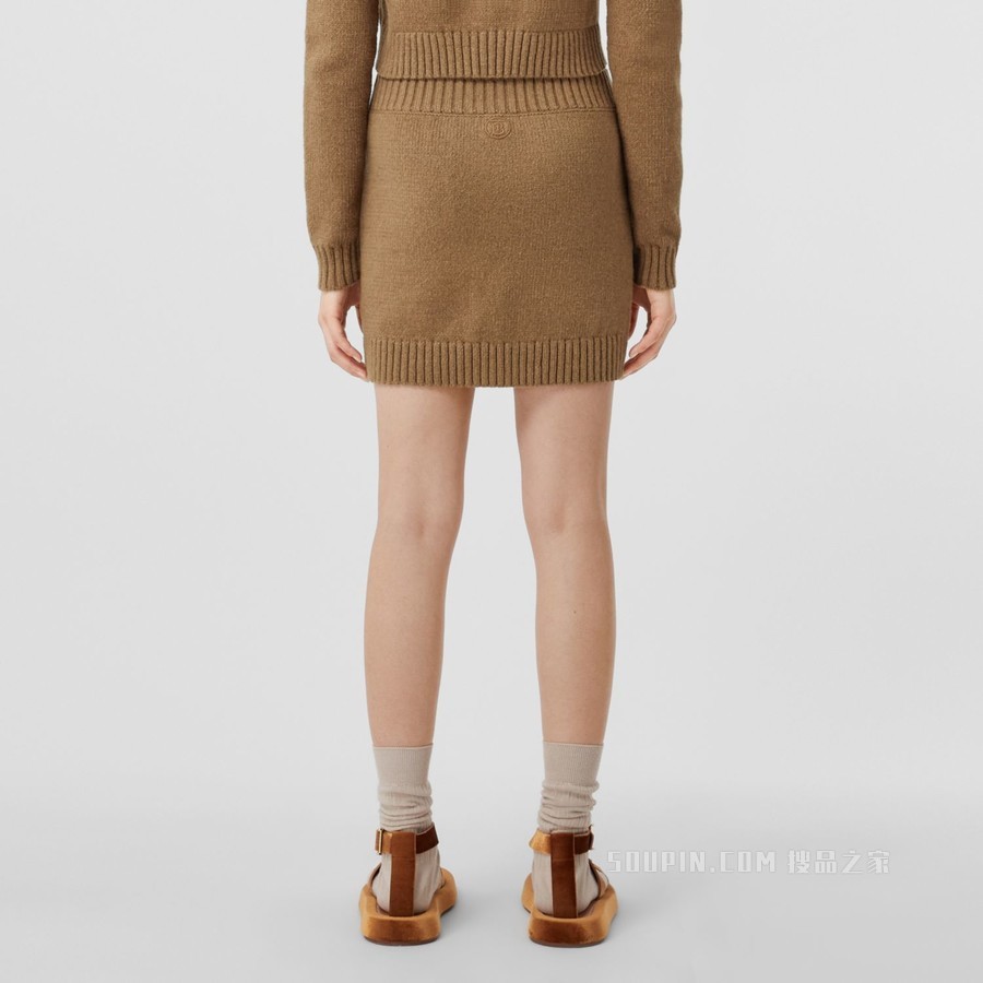 专属标识装饰棉质混纺迷你半裙 (驼麻灰色) - 女士
