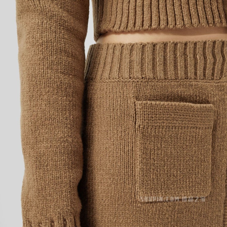 专属标识装饰棉质混纺迷你半裙 (驼麻灰色) - 女士