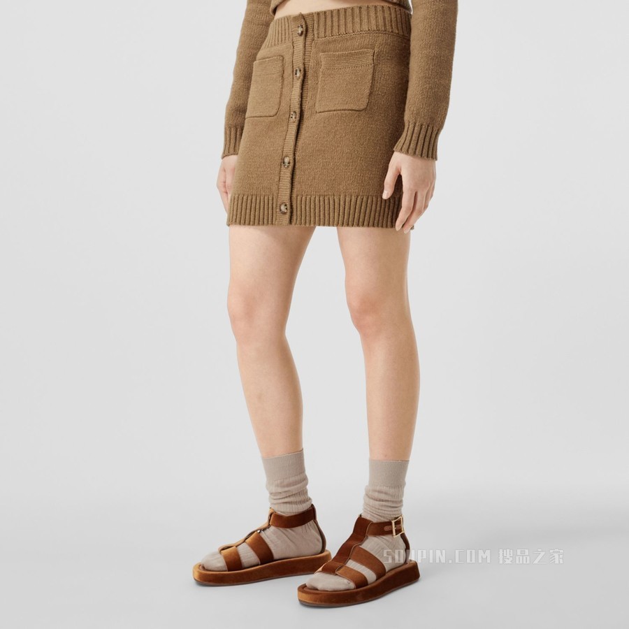 专属标识装饰棉质混纺迷你半裙 (驼麻灰色) - 女士