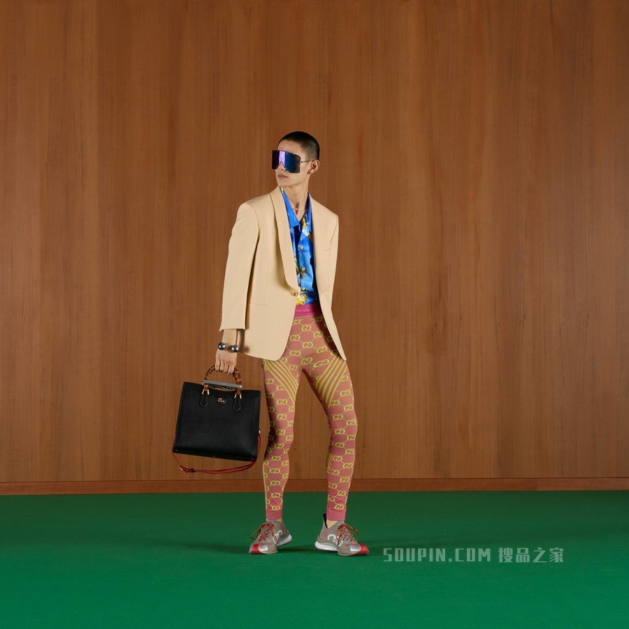 GG提花圆筒针织面料紧身裤 玫红色和荧光黄