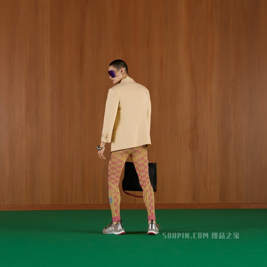 GG提花圆筒针织面料紧身裤 玫红色和荧光黄