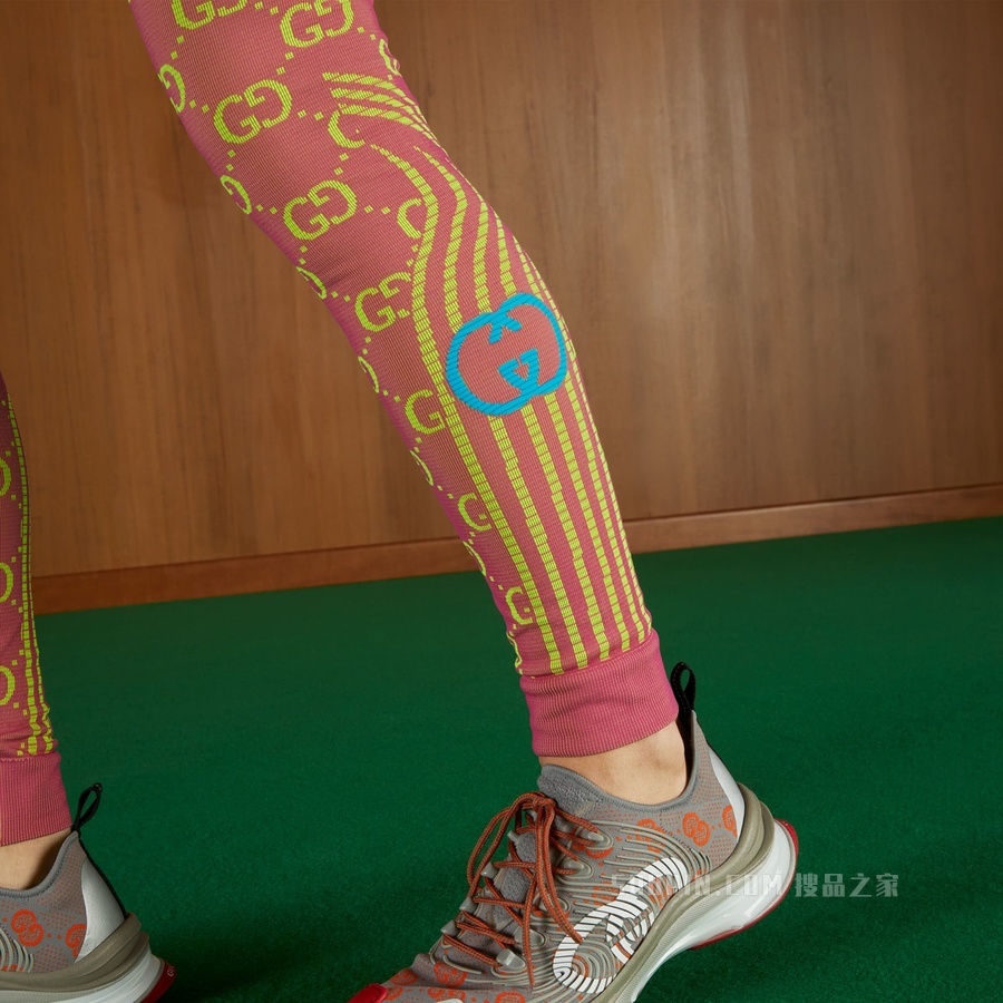 GG提花圆筒针织面料紧身裤 玫红色和荧光黄