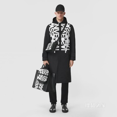 标语印花功能性棉质轻便大衣 (黑色) - 男士