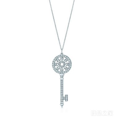 Tiffany Keys 铂金镶钻花瓣钥匙吊坠，配项链。