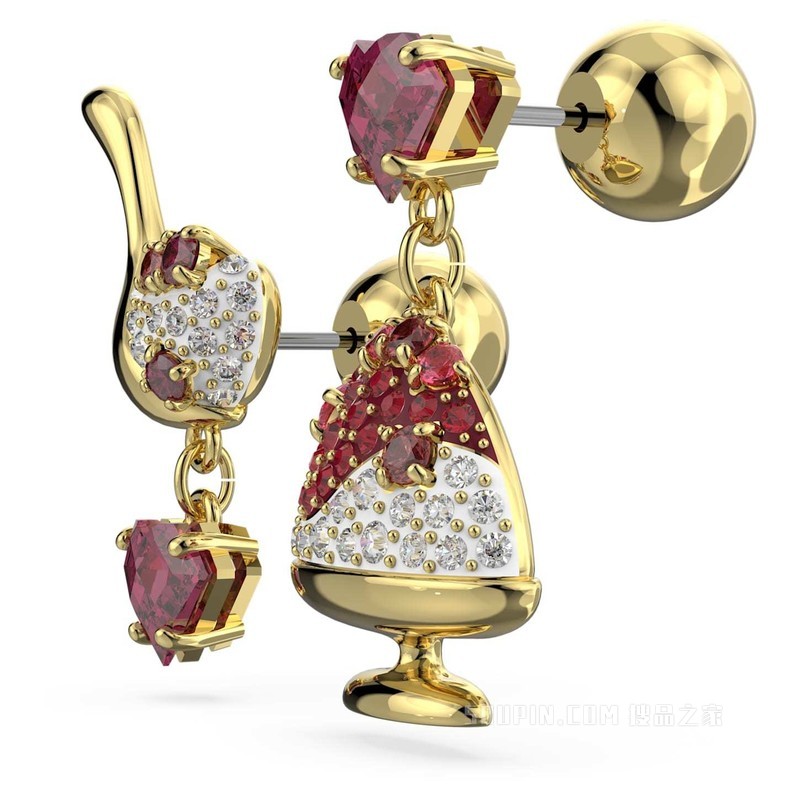 Cariti 水滴形耳环, 不对称设计, 红豆冰, 红色, 镀金色调