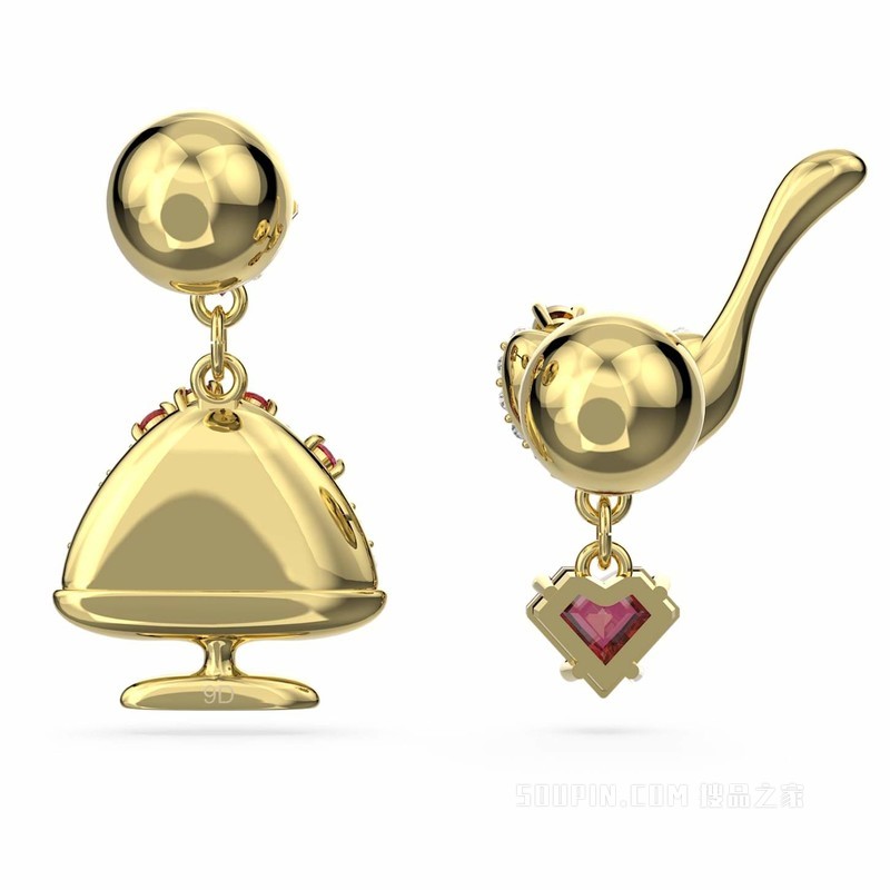 Cariti 水滴形耳环, 不对称设计, 红豆冰, 红色, 镀金色调