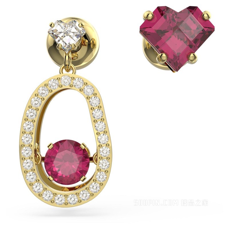 Cariti 水滴形耳环, 不对称设计, 红色, 镀金色调