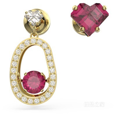 Cariti 水滴形耳环, 不对称设计, 红色, 镀金色调