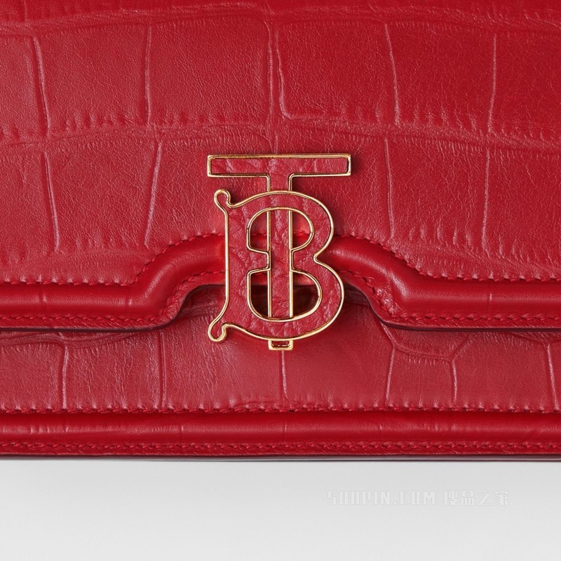 TB 迷你专属标识压花皮革链条锁扣包 (深红色) - 女士