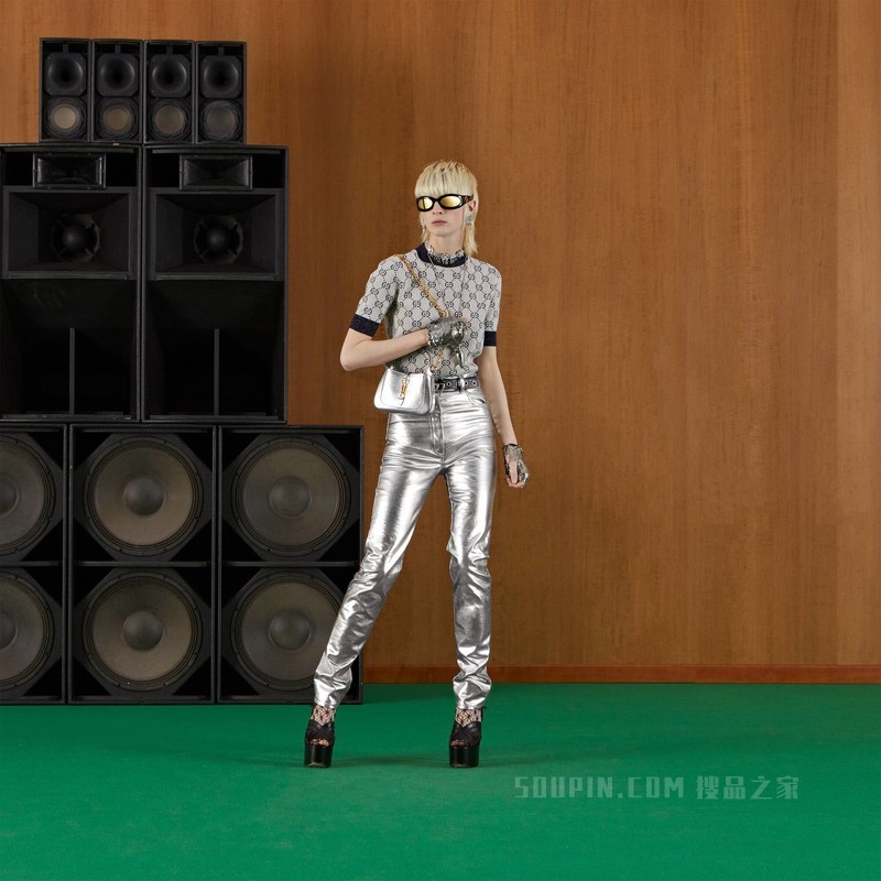 GG金银丝线提花上衣 象牙白色和蓝色