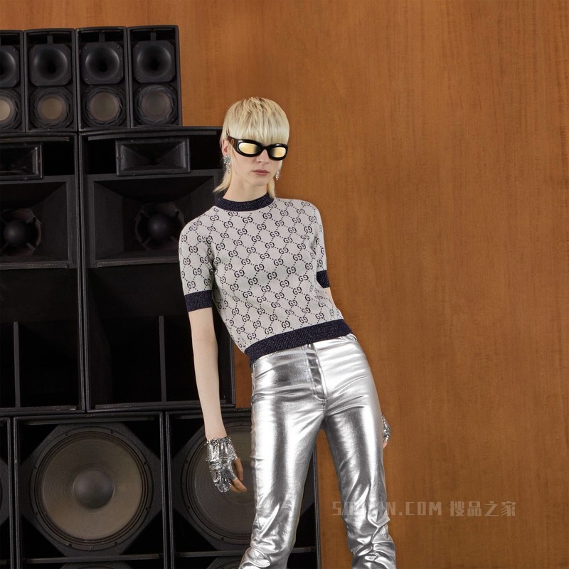 GG金银丝线提花上衣 象牙白色和蓝色