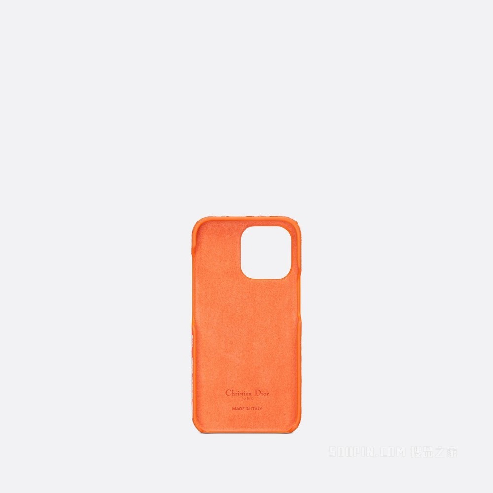 DiorTravel iPhone 13 Pro 手机壳 荧光橙色光滑牛皮革 Reverse 茹伊印花