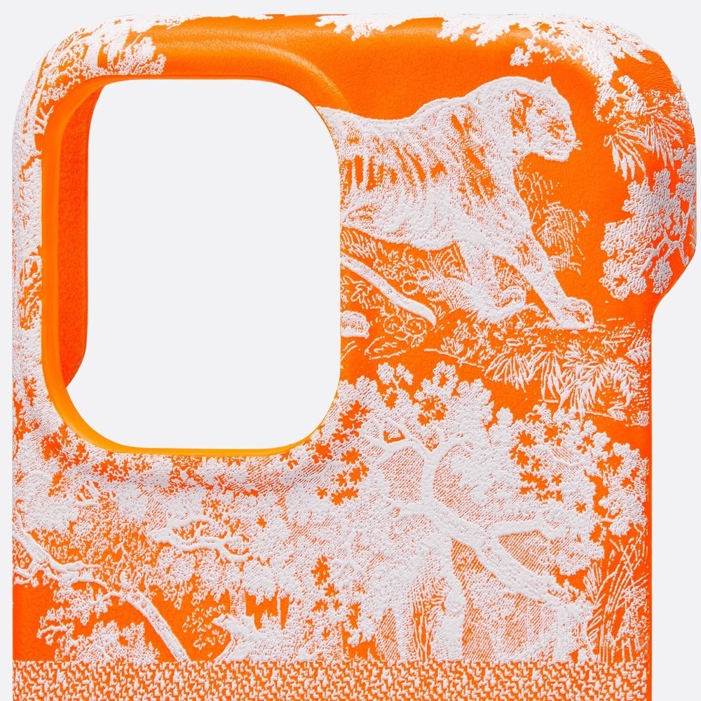 DiorTravel iPhone 13 Pro 手机壳 荧光橙色光滑牛皮革 Reverse 茹伊印花