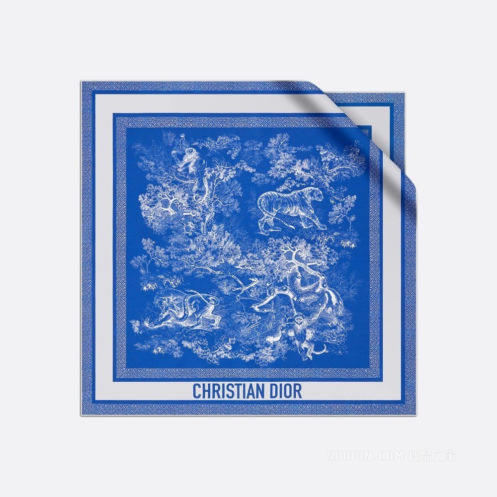 Dior 印花方巾 荧光蓝色和象牙色桑蚕丝斜纹面料 Reverse 茹伊印花