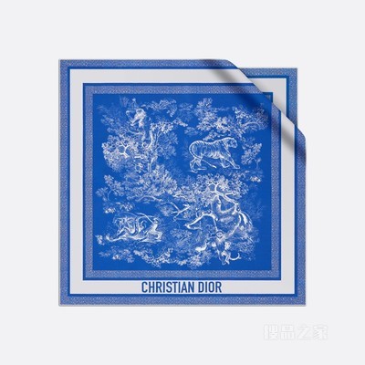 Dior 印花方巾 荧光蓝色和象牙色桑蚕丝斜纹面料 Reverse 茹伊印花