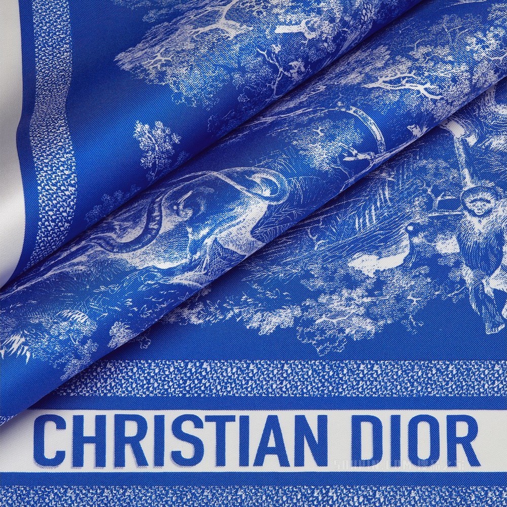 Dior 印花方巾 荧光蓝色和象牙色桑蚕丝斜纹面料 Reverse 茹伊印花