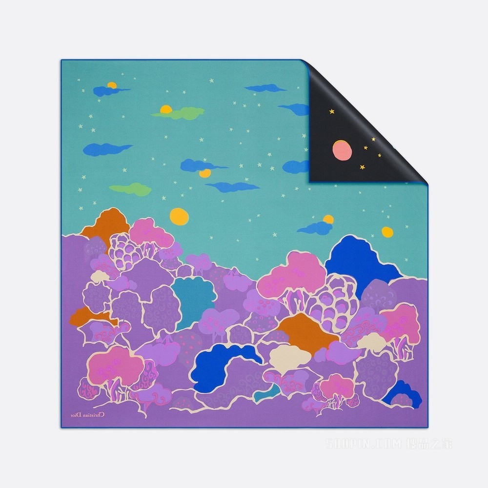 Dior 印花方巾 黑色和淡蓝色桑蚕丝斜纹面料 Dior Ciel de Rêve 印花
