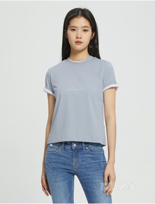 Calvin Klein 女士纯棉圆领亮钻胶质LOGO舒适短袖T恤J217796