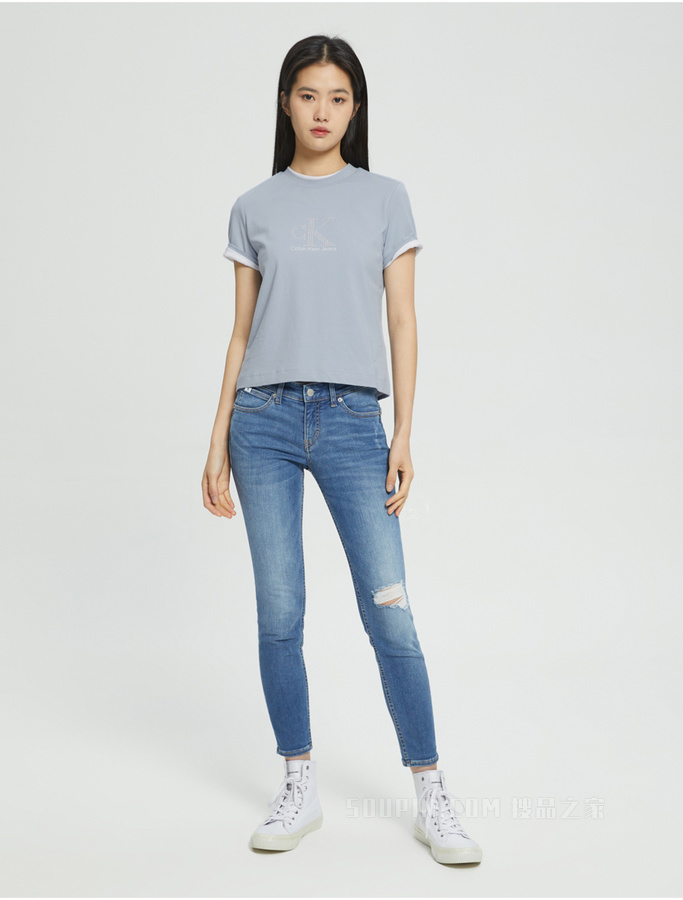 Calvin Klein 女士纯棉圆领亮钻胶质LOGO舒适短袖T恤J217796