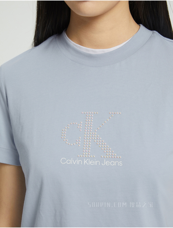 Calvin Klein 女士纯棉圆领亮钻胶质LOGO舒适短袖T恤J217796