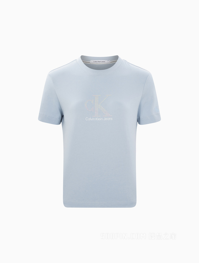Calvin Klein 女士纯棉圆领亮钻胶质LOGO舒适短袖T恤J217796