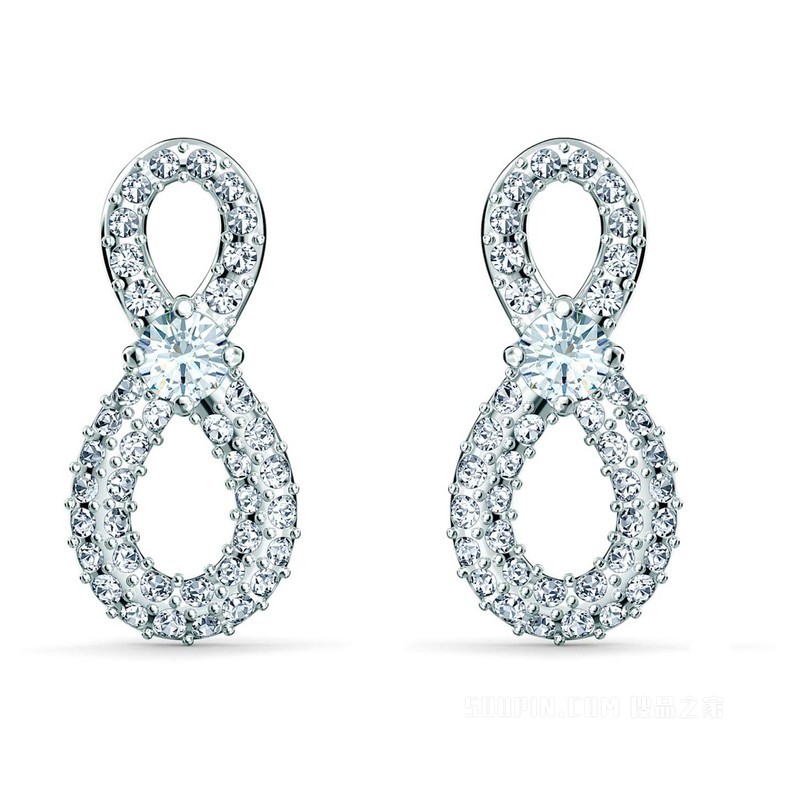 Swarovski Infinity 穿孔耳环, Infinity, 白色, 鍍白金色