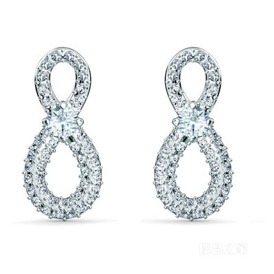 Swarovski Infinity 穿孔耳环, Infinity, 白色, 鍍白金色