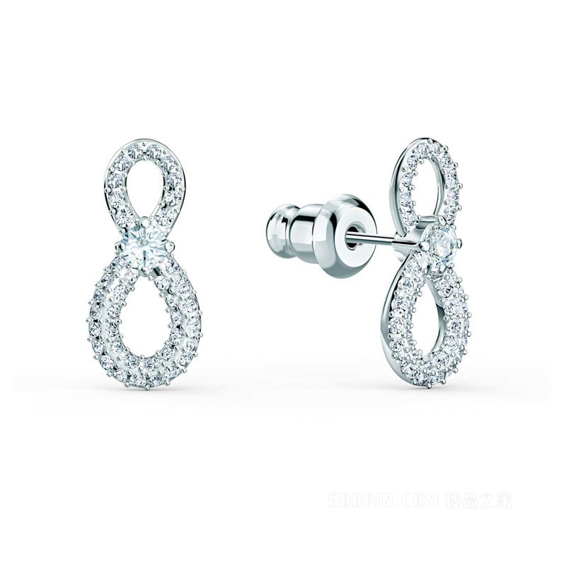 Swarovski Infinity 穿孔耳环, Infinity, 白色, 鍍白金色