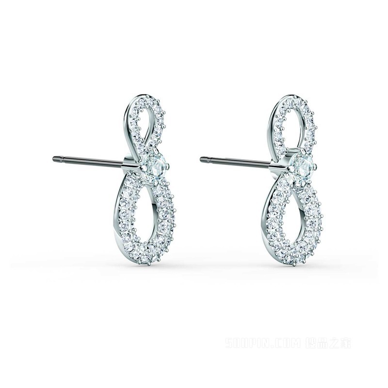 Swarovski Infinity 穿孔耳环, Infinity, 白色, 鍍白金色