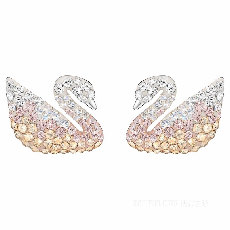 Swarovski Iconic Swan 耳钉, 天鵝, 米色, 鍍白金色