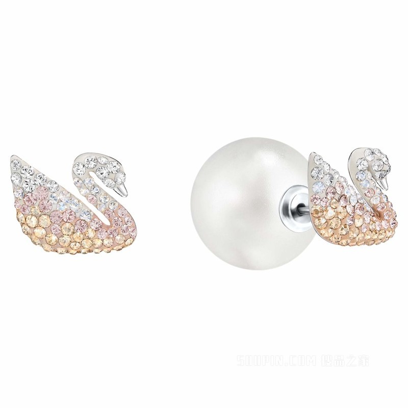 Swarovski Iconic Swan 耳钉, 天鵝, 米色, 鍍白金色