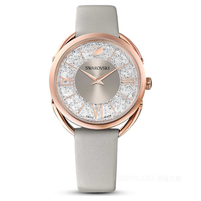 Crystalline Glam 腕表, 真皮錶帶, 灰色, 玫瑰金色潤飾