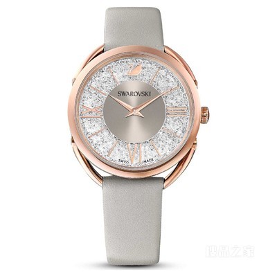 Crystalline Glam 腕表, 真皮錶帶, 灰色, 玫瑰金色潤飾